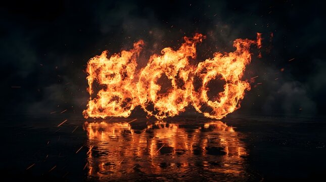 Fiery burning boo text on a dark reflective surface