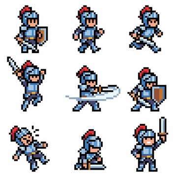 Pixel art medieval knight character animation set with sword, shield, and battle poses on transparent background