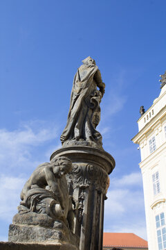 Statue of Saint Ivo on the Charles bridge. Close-up. Prague. Czech Republic.