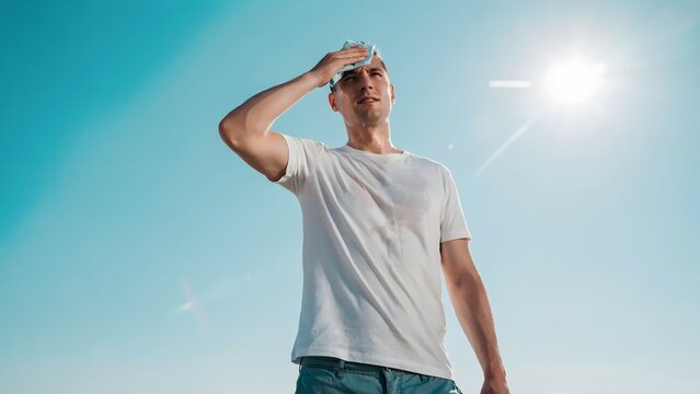 Sweat soaked man wiping his forehead under intense sun