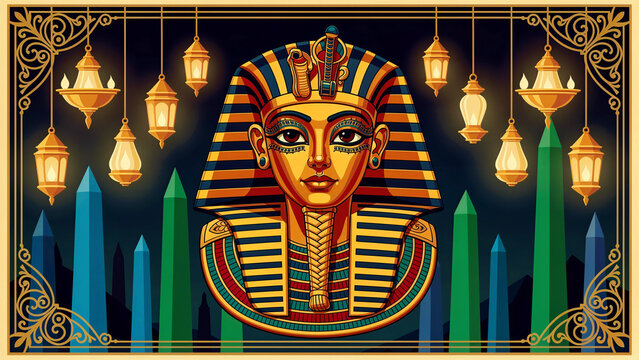 Golden Egyptian pharaoh portrait surrounded by glowing lanterns and obelisks. Colorful illustration depicting ancient monuments and traditional night lights. Culture and travel concept.