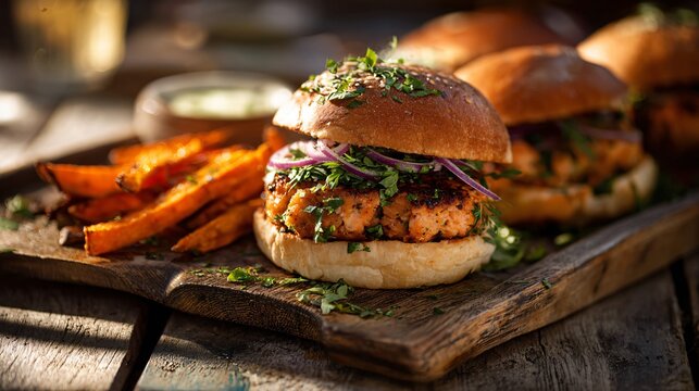 A rustic wooden serving board with salmon burgers and dipping bowls arranged casually under warm golden-hour sunlight