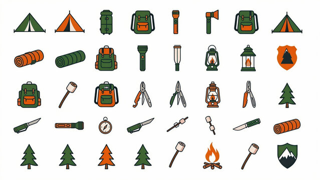Large collection of camping and outdoor gear icons on white. Featuring tents, backpacks, lanterns, and campfire tools in a flat line style. Adventure assets ideal for travel apps and marketing.
