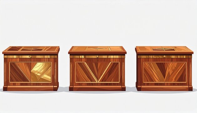 Three ornate wooden chests with geometric inlays on white background.