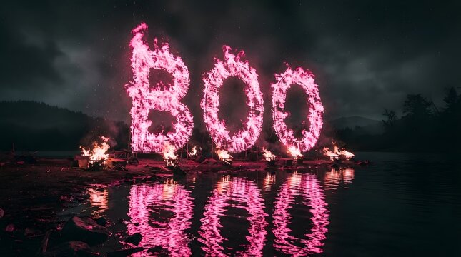 Boo letters burning in pink flames by a lake at night