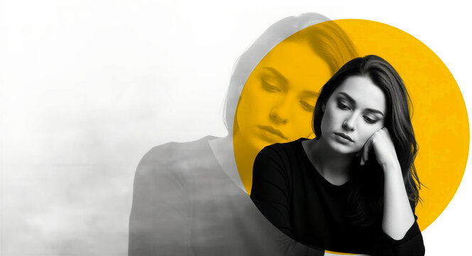 Thoughtful woman looking down with sad expression in graphic portrait. Multiple exposure effect with yellow circle on white background. Mental health and inner reflection concept for therapy ads.