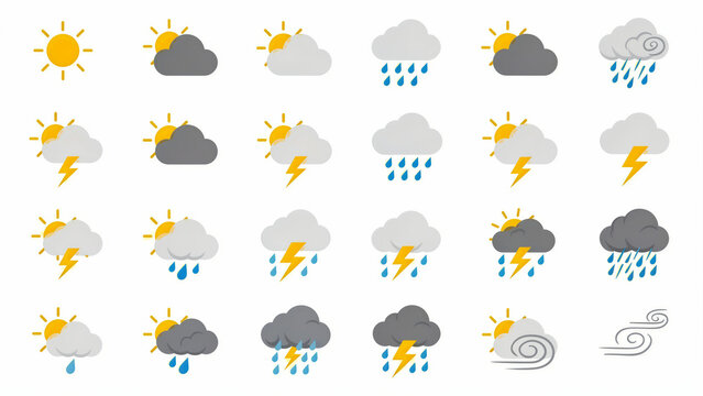 Flat vector weather icon set featuring sun, clouds, rain, and lightning. Diverse collection of meteorology symbols on white background for forecast apps. Graphic design elements for UI and climate.