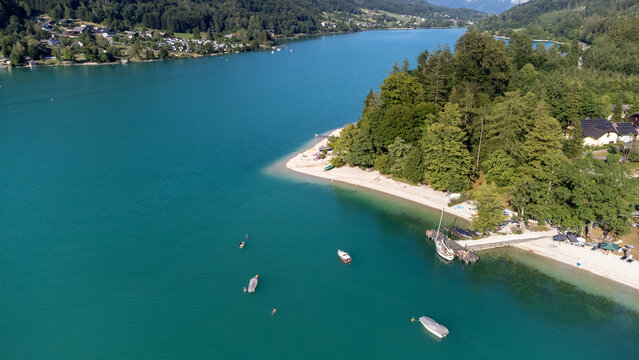 aerial view of the Scenic Shore of Lake Mondsee in the Salzkammergut, Austria