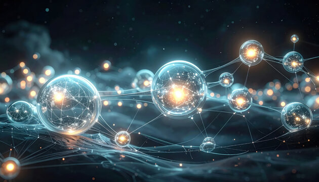 Intricate glowing molecular network with bright energy points in deep space