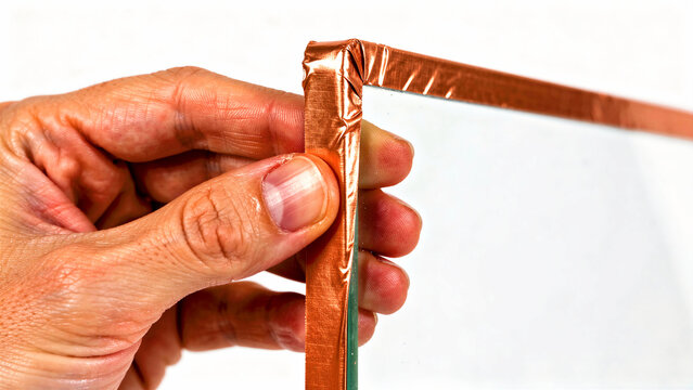 Hand applying copper foil tape to glass edge. Person working on DIY electronics or stained glass craft. Technical repair and shielding concept, ideal for hardware and DIY marketing.