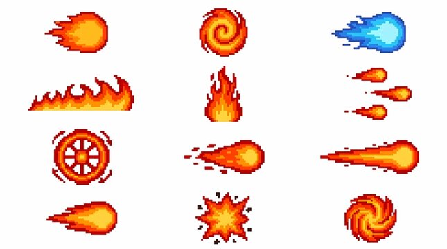 Set of pixel art fireballs, flames, and meteor effects isolated on white background
