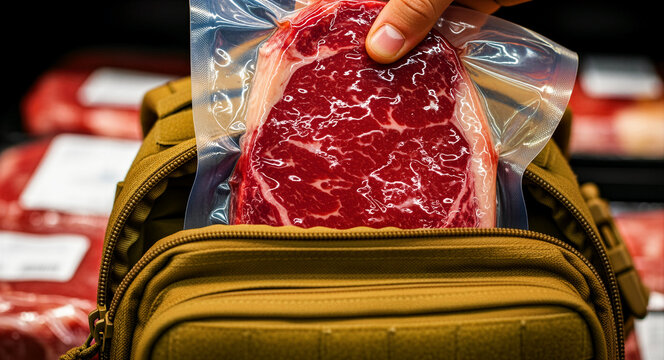 Person putting vacuum-sealed raw steak into a tactical backpack. Shoplifting or smuggling meat from a grocery store. Retail theft concept for articles on crime prevention and food security.