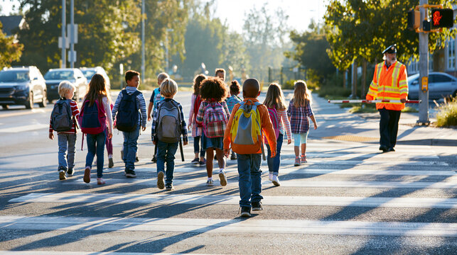 Diverse elementary students crossing the street. Children walking to school with backpacks.