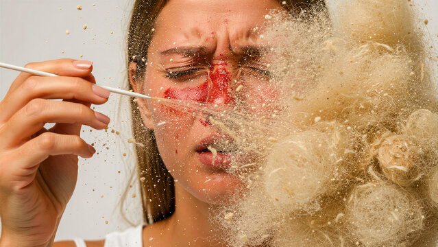 Woman experiencing severe allergic reaction with dust and hair particles hitting her face. Female grimacing from nasal irritation and skin redness. Healthcare awareness concept for allergy relief.