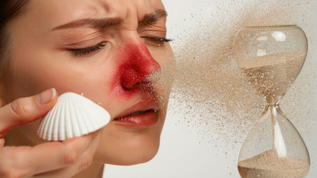 Woman with red inflamed nose experiencing skin disintegration into an hourglass. Surreal visual representing rosacea and aging. Conceptual skin health theme, ideal for dermatology and skincare ads.