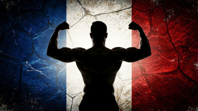 Muscular man flexing biceps against a distressed French flag background. Silhouette of bodybuilder showing strength and power on stone texture. France pride and fitness concept for sports marketing.