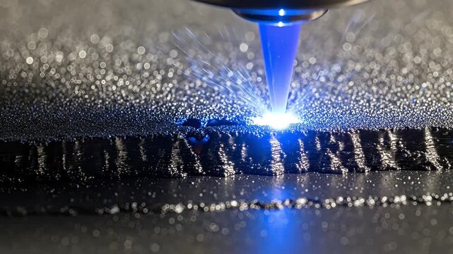 Blue laser beam precisely melting metal powder in a 3D printing process.