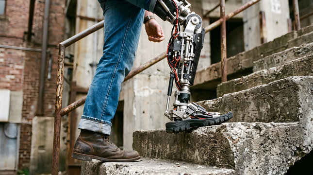 Man with advanced robotic prosthetic leg walking up concrete stairs