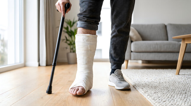 Man with broken leg in plaster cast using walking stick at home