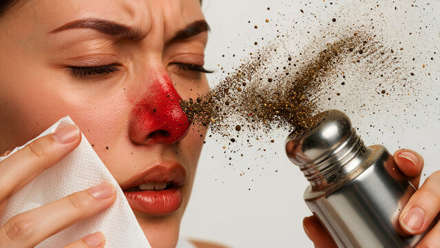 Woman with red inflamed nose reacting to black pepper. Shaker releasing ground spice toward person holding tissue. Allergy and irritation concept for healthcare marketing.
