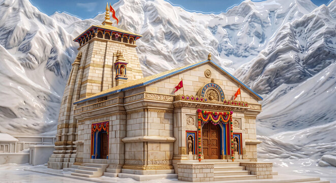 3D Rendered Sacred Kedarnath Temple Architecture with Himalayan Snow Mountain Background