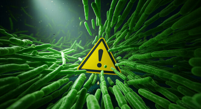 Microscopic green bacteria surrounding a yellow caution sign. 3D render of pathogens highlighting biological risk. Disease prevention concept for healthcare and medical safety messaging.