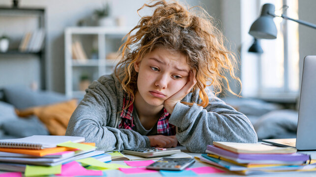 Stressed teen girl studying mathematics. Tired student struggling with homework at desk.