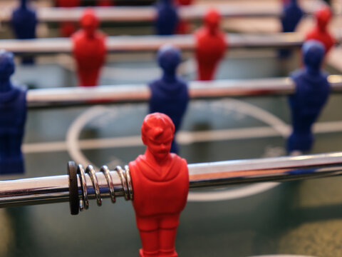 Close-up detail of a foosball table