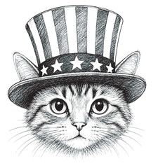 Cat Wearing Striped Hat Illustration for Humor, Patriotism, Animal, Cute Design © Shahida