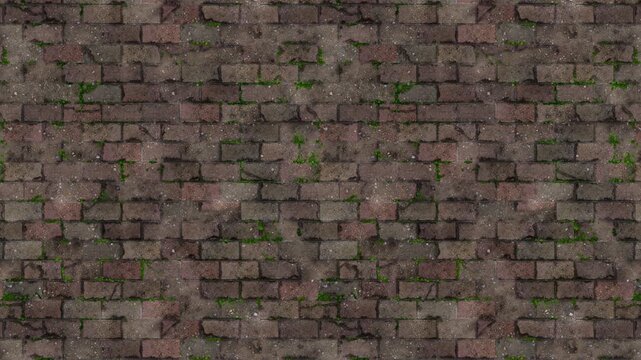 Rustic brick paving pattern with moss, a seamless loop.