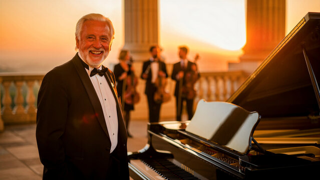 Senior pianist in tuxedo smiles by grand piano at sunset. Orchestra plays on elegant terrace during golden hour. Luxury music event concept for high-end gala marketing.