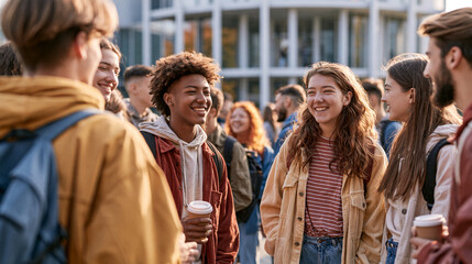 Fototapeta premium Multiethnic university students meeting outdoors. Diverse young people talking on campus.