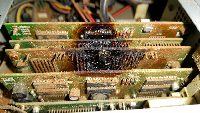 Burnt electronic circuit boards covered in thick dust. Charred components indicate severe electrical failure and fire damage in old hardware. Concept of technical risk and e-waste management.