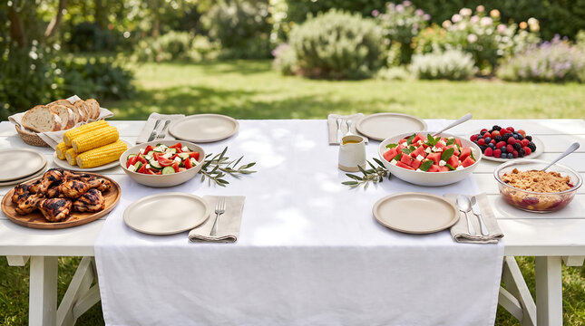 A festive summer outdoor dining setup with various dishes, offering ample copy space for advertising messages in a beautiful garden.