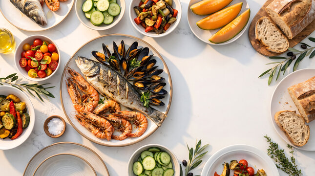 Festive summer dishes spread for advertising, showcasing a delicious seafood meal with ample copy space on a bright table.