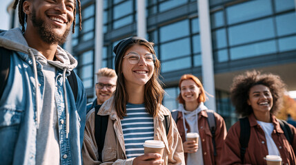 Obraz premium Multiethnic university students meeting outdoors. Diverse young people socializing on campus.