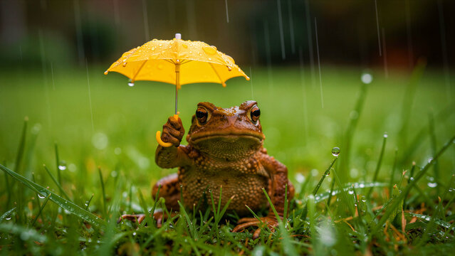 Toad sitting in grass holding a tiny yellow umbrella during rain. Small frog protects itself from weather in a lush garden. Insurance and safety concept, ideal for humorous marketing campaigns.