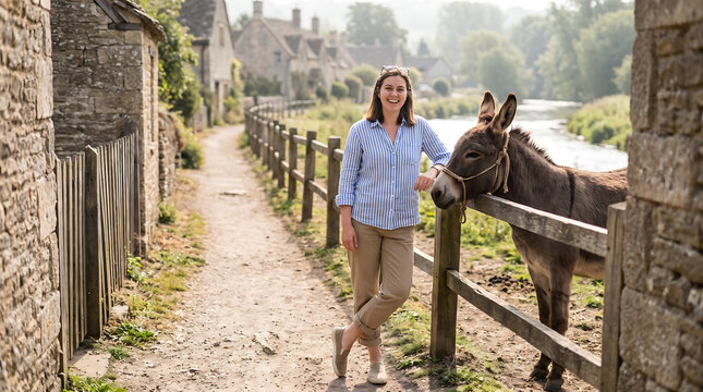 Joyful woman on summer holiday enjoys rural activity with a donkey by a picturesque river, offering excellent copy space for advertising campaigns.