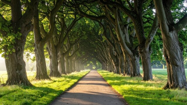 Long path through a symmetrical tunnel of green trees.