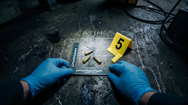 Forensic Investigator Measuring Bullet Casings at a Crime Scene