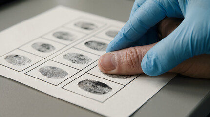 Naklejka premium Forensic officer taking fingerprints of a suspect on a card