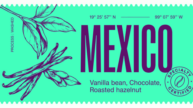 Mexican Vanilla Bean Chocolate Roasted Hazelnut Specialty Coffee Label Design