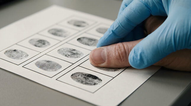 Forensic officer taking fingerprints of a suspect on a card