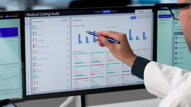 Medical Coder Carefully Reviews Patient Records Using Laptop