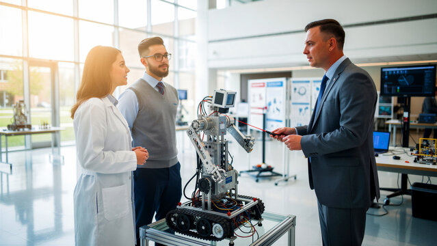 Engineers and executive examining tracked robot prototype in high-tech lab. Professional demonstrates technical features using laser pointer. Robotics innovation concept for AI and STEM marketing.