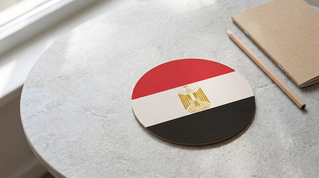 Egypt flag round coaster on stone desk workspace with notebook and pencil