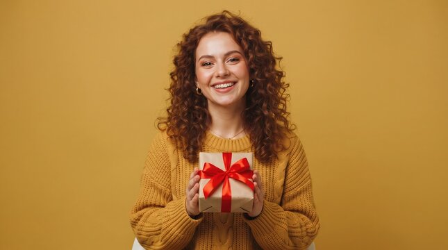 A smiling young woman with curly hair holding a gift box with a red ribbon against a yellow background