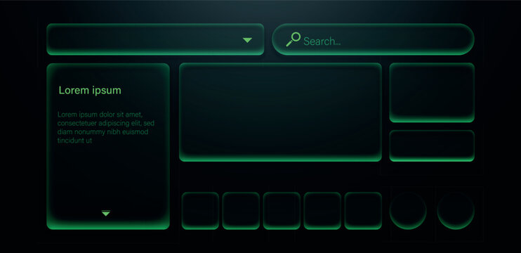 Dark Neon Green Glow Dashboard UI Kit with Search Bar and Buttons
