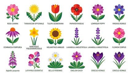 Obraz premium Vibrant collection of flat design flower icons featuring various species with scientific names ideal for spring summer and botanical projects