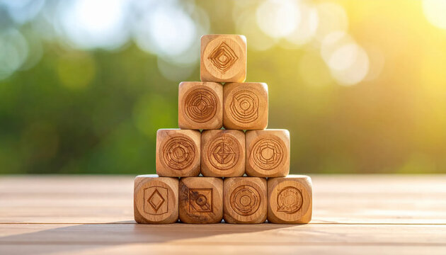 Wooden Blocks Stacked with Engraved Symbols Outdoors